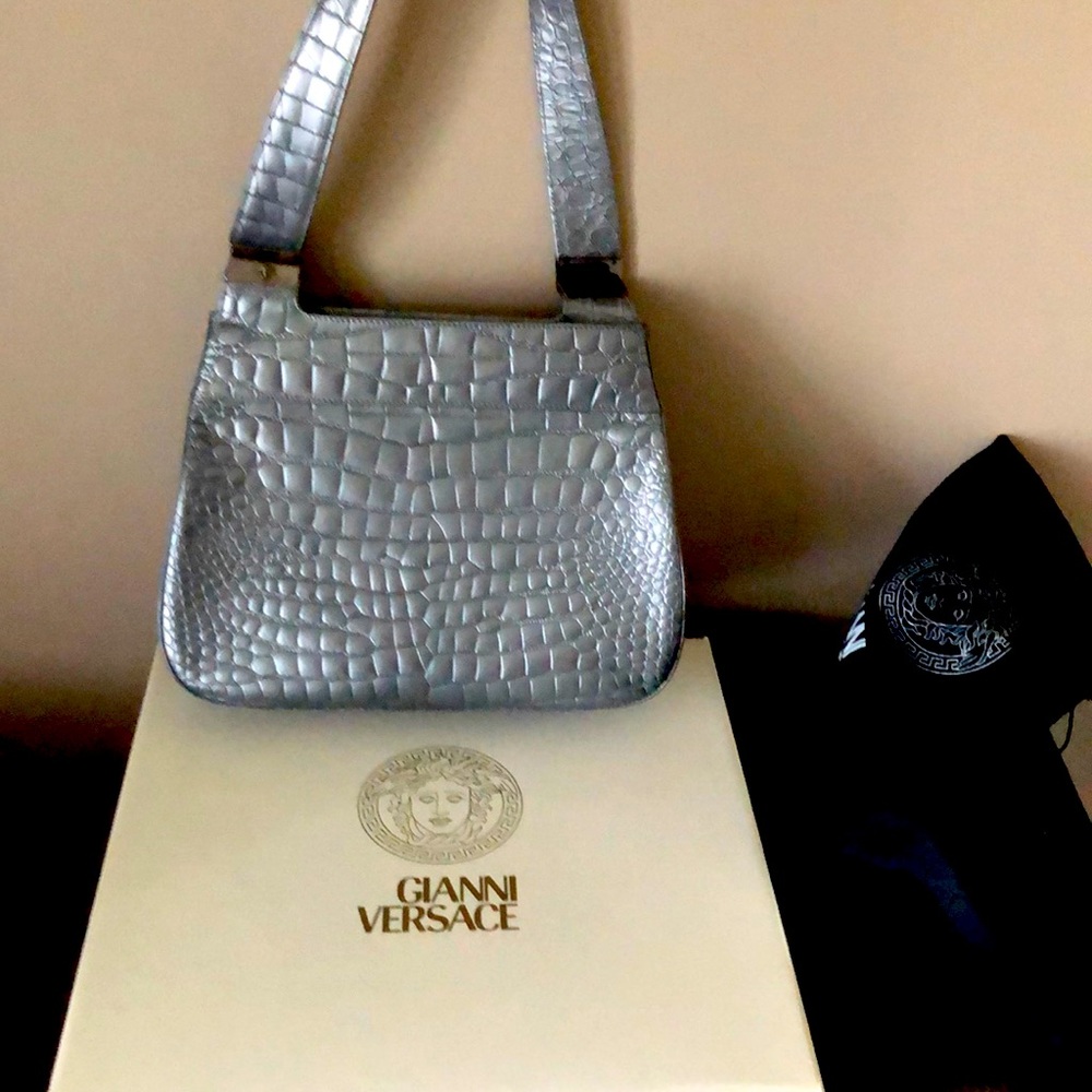 Versace pebbled metallic silver grey shoulder bag.